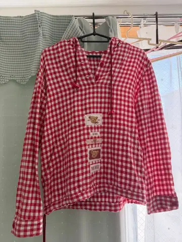 PINK HOUSE 빨간색과 화이트 깅엄 체크 후드티