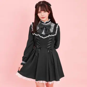 Secret Honey 사이드 레이스업 레이스 요크 원피스 Black