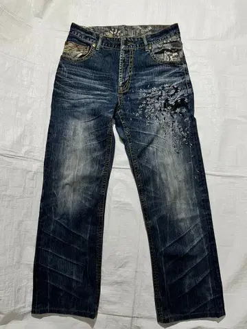 니시키 일본풍 패턴 자수 데님 팬츠 청바지 벚꽃 w80 jeans