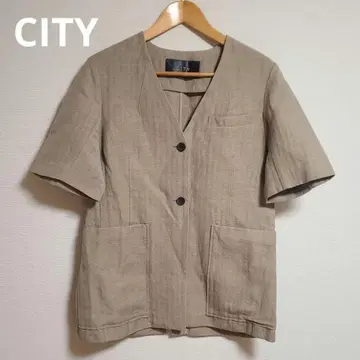 CITY 시티 해링본 하프 슬리브 자켓 노카라 린넨 혼방