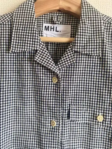 MHL. 체크 반팔 코튼 린넨 셔츠 오픈 카라