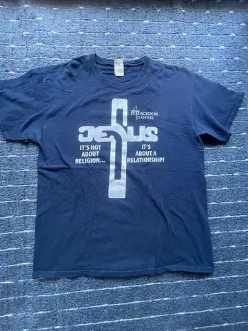 00s 지저스 티셔츠 십자가 양면 프린트 네이비 L 상당 빈티지