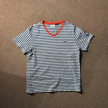 LACOSTE 보더 V넥 T셔츠 남성용 L 오렌지 링거