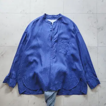 티카 린넨 100% 린넨 노카라 셔츠 파랑 넉넉한 일본제 밴드 카라