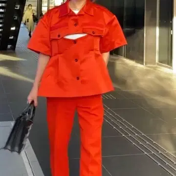 sacai 오렌지 레드 디자인 반팔 새틴 블루종 상의 0243