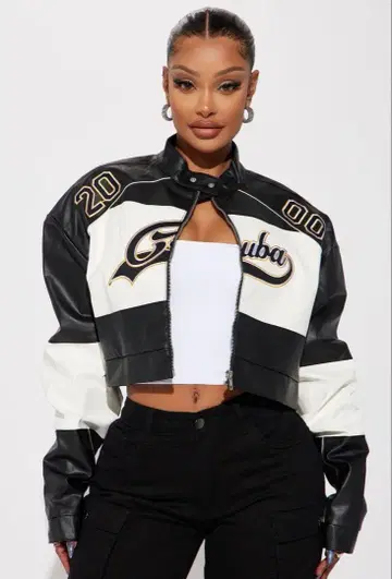 FASHIONNOVA 크롭 가죽 자켓 블랙/화이트
