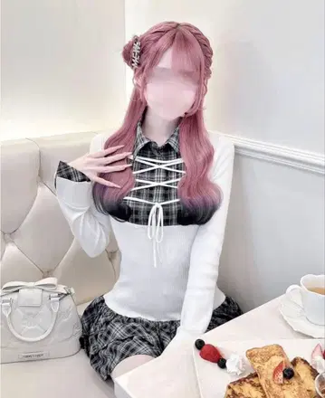 허니뮤우 레이스업 도킹 체크 원피스 화이트