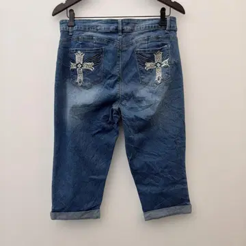 샌드파이퍼 크롭 팬츠 자수 10P 파랑 면 캐주얼 외출