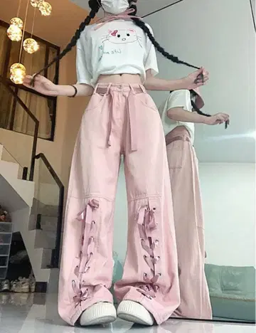 SHEIN 와이드 레그 팬츠 리본 디테일 하이웨스트 M 사이즈