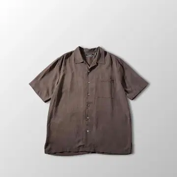 실크 100% 반팔 셔츠 브라운 M 오픈 카라 구제 의류 브라운