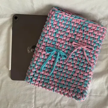 태블릿 케이스 핑크 x 블루 손뜨개질 iPad 케이스 파스텔 한국 잡화