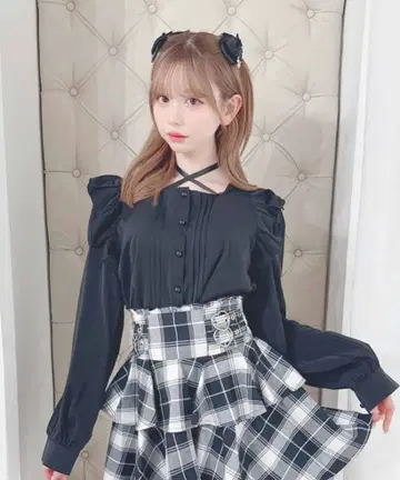 mars 긴팔 블라우스 블랙 프릴 양산형 지뢰계