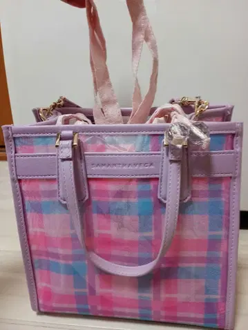 사만사 베가 숄더 파우치 핑크 블루 체크