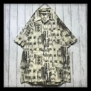 [ VINTAGE 올 패턴 린넨 셔츠 ] 오픈 카라 마 혼방 XL 기하학
