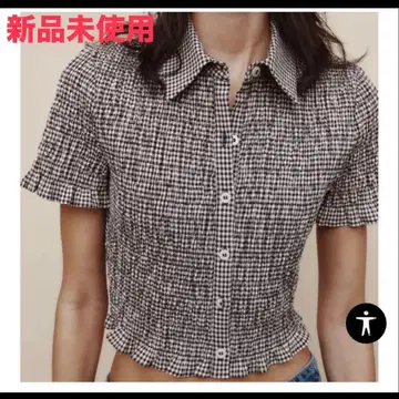 [ 미사용 새상품 ] ZARA 크롭 깅엄 체크 셔츠 브라운