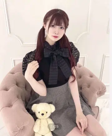 pium 시어 깅엄 빅 리본 티셔츠