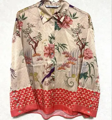 ZARA 꽃무늬 새 무늬 새틴 셔츠