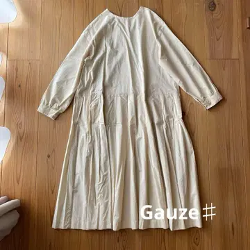 Gauze# 코튼 긴팔 플리츠 원피스 라이트 베이지