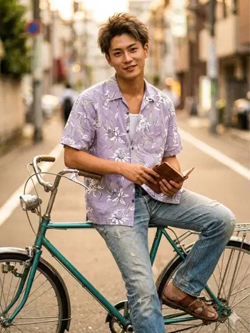 [ 90s-00s 톰 쇼트 보태니컬 무늬 하와이안 셔츠 퍼플 ]