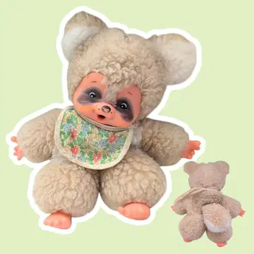 몬치치 너구리 봉제 인형 쇼와 레트로 꽃무늬 턱받이 귀여운