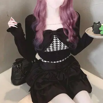 허니뮤우 이모쨩 빅 리본 하트 체인 앙상블 상의 블랙