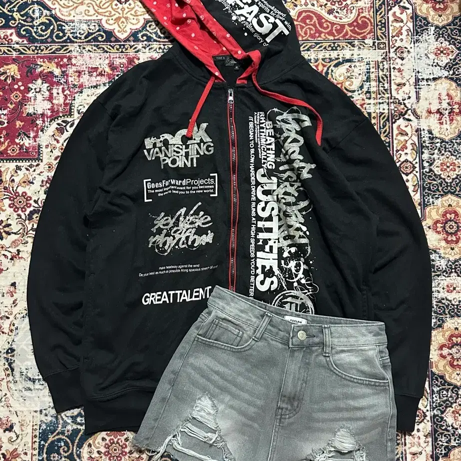 BASTARD Punk Print Patch Washed Hoodie Zip-Up | Bunjang Global