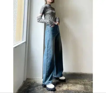 유즈드라이크 와이드 저스트 허리 청바지 에모다 블루