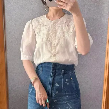 빈티지 레트로 구제 의류 컷워크 자수 노카라 블라우스 꽃 반팔 화이트