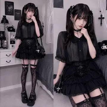 axes femme 블랙 레이스 블라우스 양산형 지뢰계 페어리 그런지