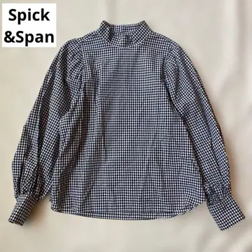 스픽 앤 스팬 스탠드 카라 깅엄 블라우스 화이트 블랙 원사이즈