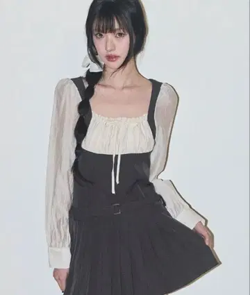 ILLIGO 프레피 리본 플리츠 원피스 차콜