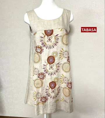 TABASA 자수 린넨 100% 슬리브리스 튜닉 베이지 34