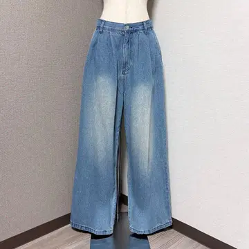 아프레 주르 미뇽 와이드 턱 데님 팬츠 오버다이 블루 M