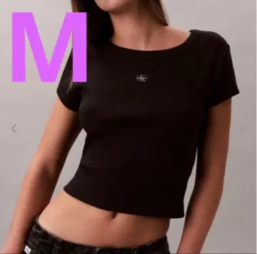 [ Calvin Klein ] 크루넥 리브 크롭 티셔츠/M, 블랙