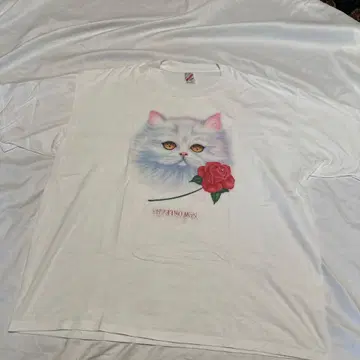 90's [ 2XL ] 핸드 페인트 아트 T/이국적인 고양이 티셔츠 놀