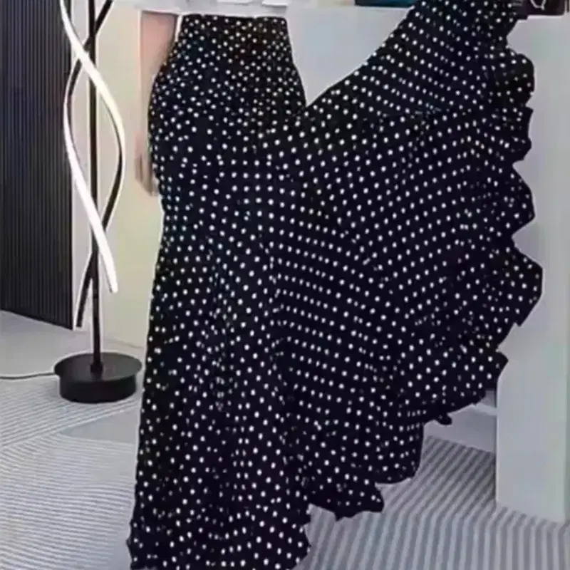 새상품)블랙 도트 캉캉 프릴 롱 스커트