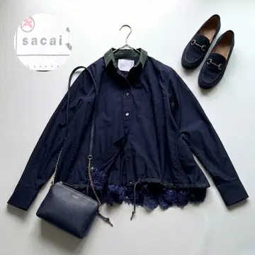 sacai 네이비 그린 카라 밑단 레이스 긴팔 셔츠 블라우스 이소재 도킹