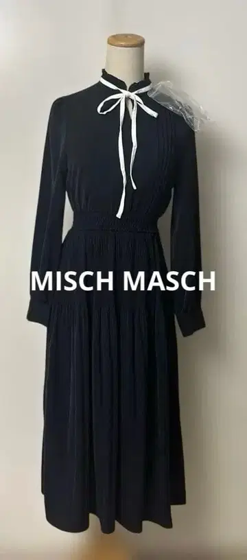 택 포함 새상품 MISCH MASCH 배색 리본 플리츠 쉬폰 원피스