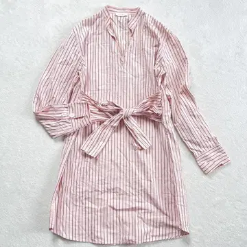 산드로 셔츠 원피스 밴드 카라 허리 리본 스트라이프 F