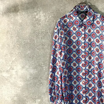 ZARA 패턴 셔츠 새틴 셔츠 긴팔 블루 계열 레귤러 칼라 폴리에스테르