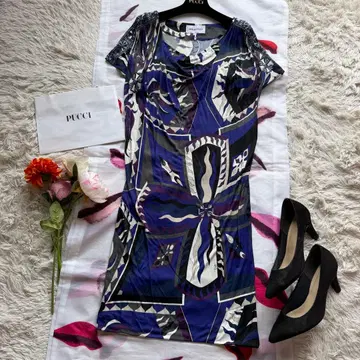 EMILIO PUCCI 푸치 패턴 원피스 반팔 블루 무릎 기장 올 패턴