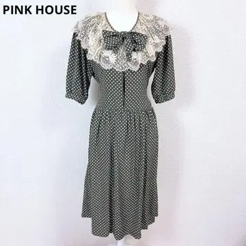 PINK HOUSE 반팔 롱 플레어 원피스 빅 레이스 옷깃 도트