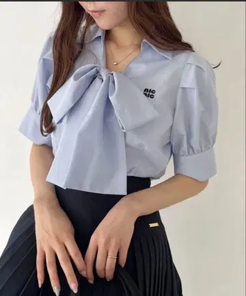 nice claup 반팔 리본 블라우스 셔츠 블루