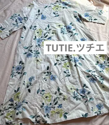 TUTIE 츠치에 꽃무늬 린넨면 7부 소매 롱 원피스