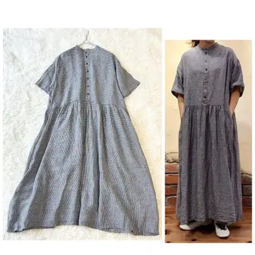 nest robe 린넨 깅엄 체크 셔츠 원피스 네이비 반팔 린넨