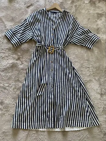 ZARA 자라 셔츠 원피스 맥시 길이 스트라이프 린넨 블루 L