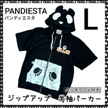 PANDIESTA 반팔 집업 후드티 L 발바닥 포켓 팬더 무늬 후드