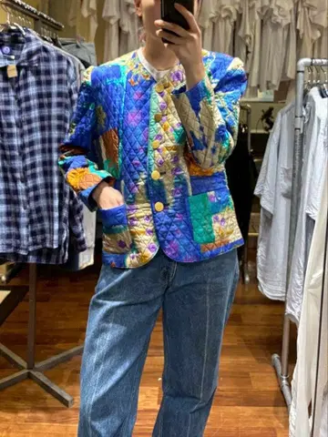 루이 페로 퀼팅 노카라 자켓 올 패턴 실크