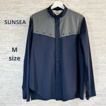 [ SUNSEA ] 그레이 네이비 스탠드 카라 도트 버튼 긴팔 셔츠