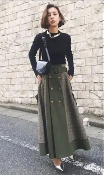 Ameri VINTAGE 체크 트렌치 스커트 카키